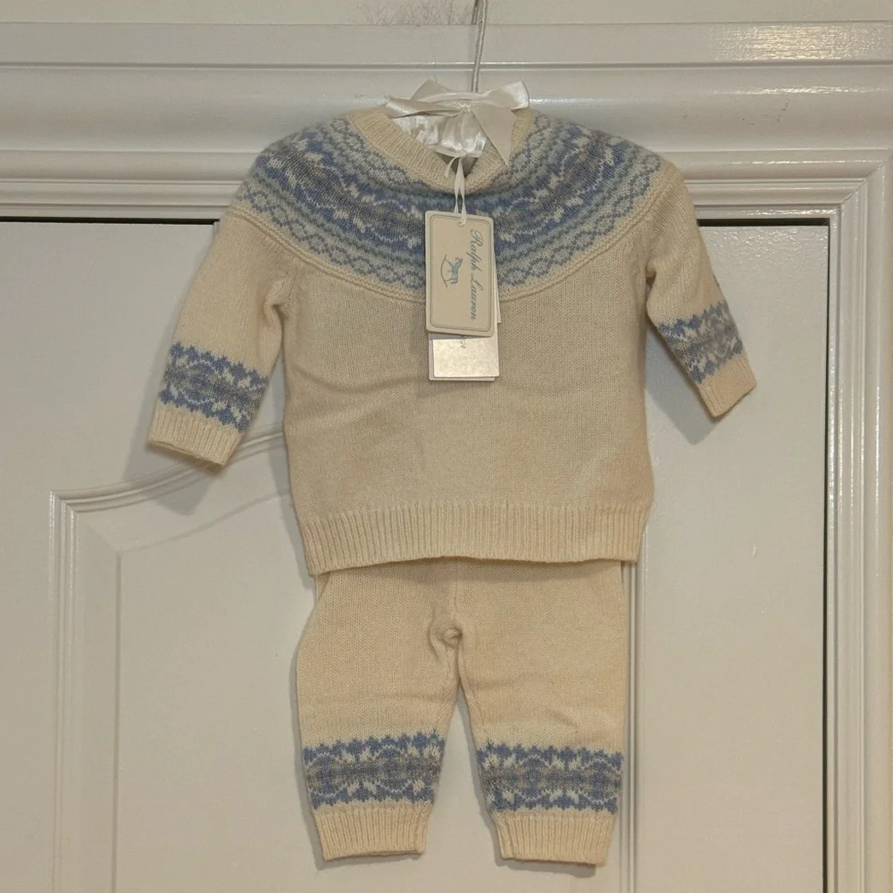 NWT Ralph Lauren Baby Boy Fair Isle Knit Sweater & Pant Set Ivory.Holiday Winter
